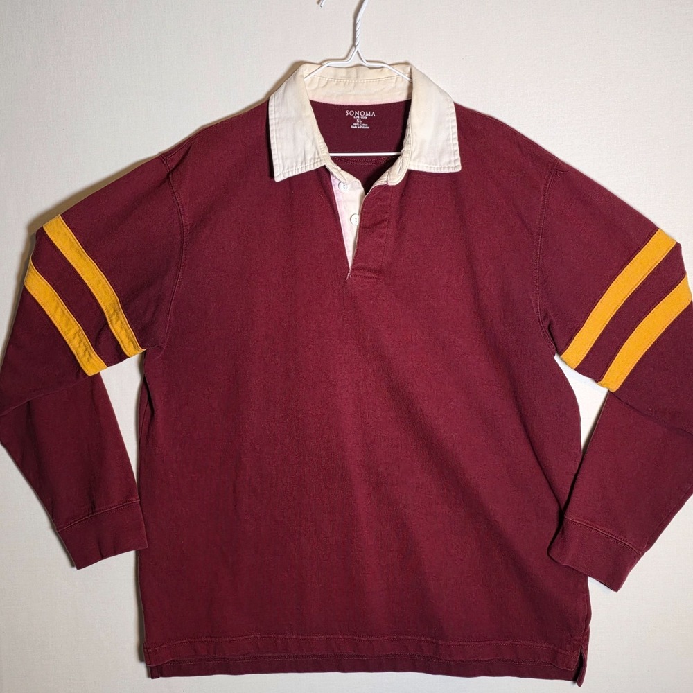 Vintage Sonoma Rugby Polo XL Maroon Gold Stripe Long Sleeve Y2K Early 2000s